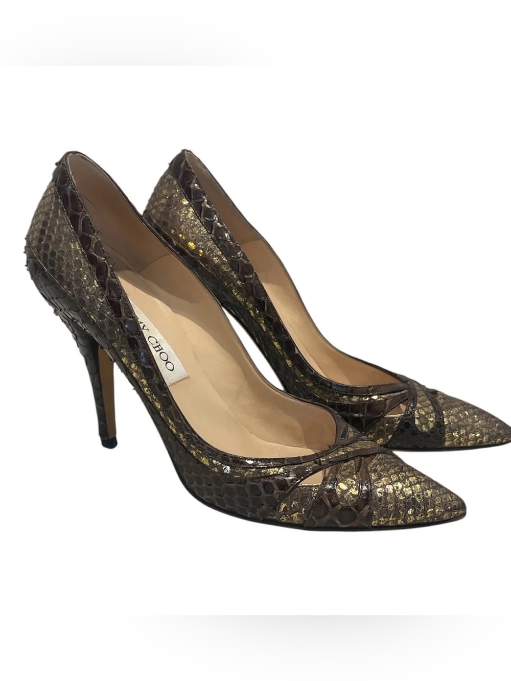 Jimmy Choo Metallic Gold and Brown Snakeskin Pointed Pumps